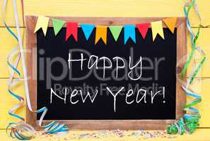 Chalkboard With Party Decoration, Text Happy New Year