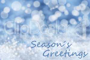 Blue Bokeh Christmas Background, Snow, Text Seasons Greetings