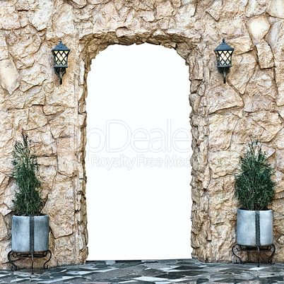 decorative arch of yellow stone with isolated opening