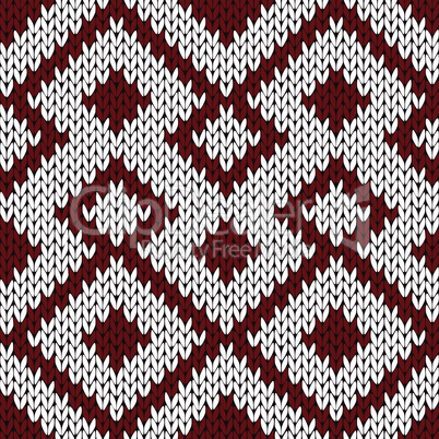 Knitting ornate seamless pattern in dark red and white colors