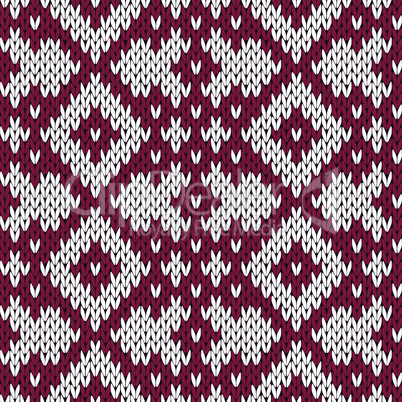 Knitting ornate seamless pattern in red and white colors