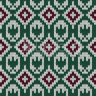 Knitting ornate seamless pattern in red, green and white colors
