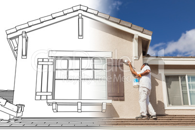Split Screen of Drawing and Photo of House Painter Painting Home