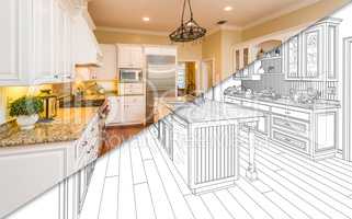 Diagonal Split Screen Of Drawing and Photo of New Kitchen