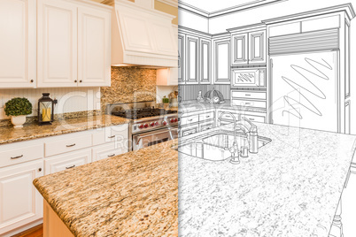 Split Screen Of Drawing and Photo of New Kitchen