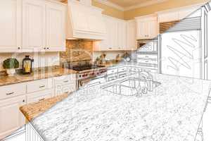 Diagonal Split Screen Of Drawing and Photo of New Kitchen