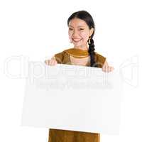 Punjabi girl holding blank white paper card.