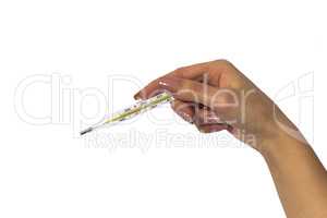 Hand with thermometer isolated on white background