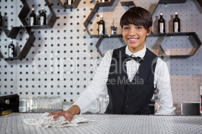 Smiling waitress cleaning bar counter