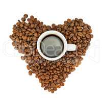 coffee beans and cup isolated on white background