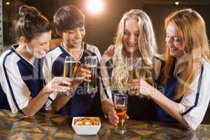 Group of friends toasting glass of beer in party