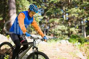 Male mountain biker riding bicycle in the forest