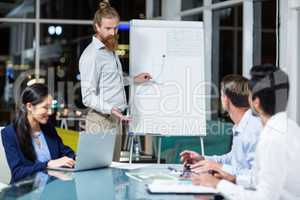 Businessman discussing graph on white board with colleagues