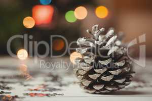 Close-up of pine cone on wooden table