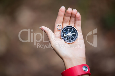 Hand holding compass in forest