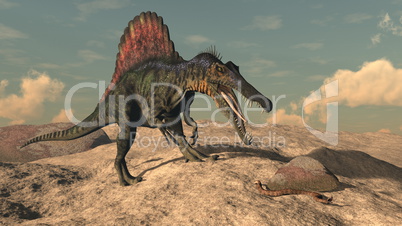 Spinosaurus dinosaur hunting a snake - 3D render