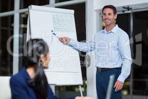 Businessman discussing graph on white board with colleague