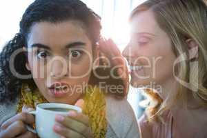 Woman whispering a secret into her friends ear while having coffee