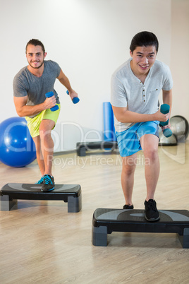 Two men doing step aerobic exercise with dumbbell on stepper