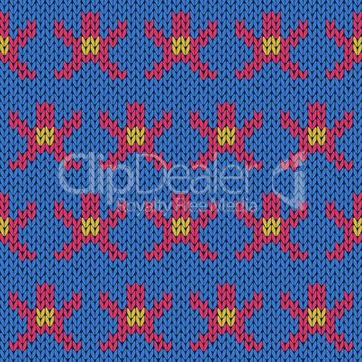 Knitting ornate seamless pattern with geometric figures over blue