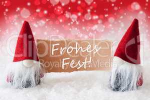Red Christmassy Gnomes With Card, Frohes Fest Means Merry Christ