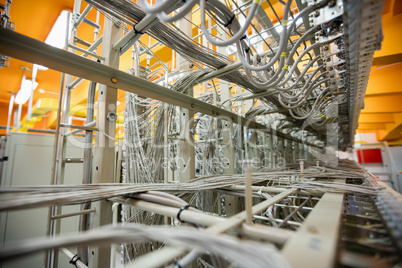 Close-up of cables and wires in server locker