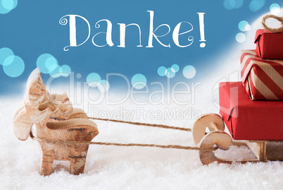 Reindeer, Sled, Light Blue Background, Danke Means Thank You