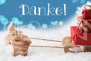 Reindeer, Sled, Light Blue Background, Danke Means Thank You