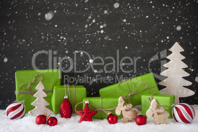 Red And Green Christmas Decoration, Black Cement Wall, Snow, Snowflakes