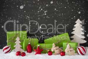 Red And Green Christmas Decoration, Black Cement Wall, Snow, Snowflakes