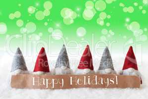 Gnomes, Green Background, Bokeh, Stars, Text Happy Holidays