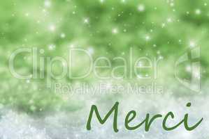 Green Sparkling Christmas Background, Snow, Merci Means Thank You