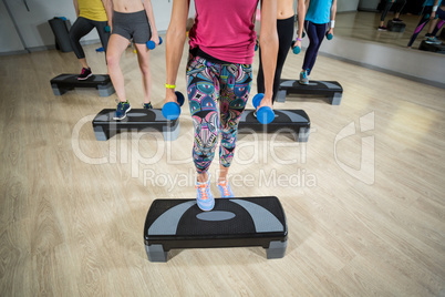 Group of women exercising on aerobic stepper