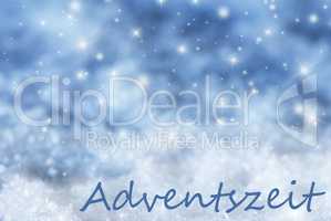 Blue Sparkling Christmas Background, Snow, Adventszeit Means Advent Season