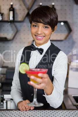 Bartender holding glass of cocktail in bar counter