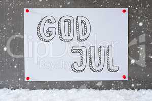Label On Cement Wall, Snowflakes, God Jul Means Merry Christmas