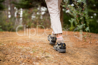 Female hiker walking in forest Female hiker walking in forest