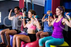 Friends holding dumbbells while sitting on fitness ball