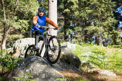 Male mountain biker riding bicycle in the forest