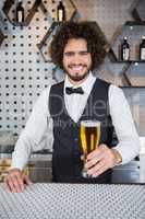 Bartender holding glass of beer in bar counter