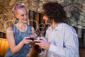 Couple toasting glass of wine in bar