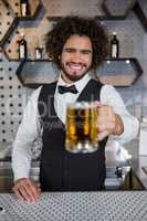 Bartender holding glass of beer in bar counter