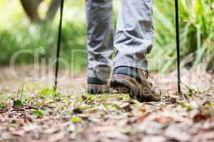 Hiker feet's standing with hiking pole