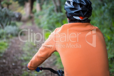 Male mountain biker riding bicycle in the forest