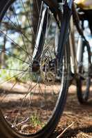 Close-up of mountain bike front wheel