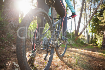 Low section of female mountain biker riding bicycle