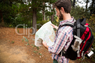 Male hiker looking at map