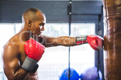 Male boxer punching bag in fitness studio