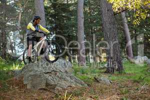 Male mountain biker riding bicycle in the forest