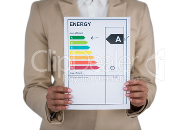 Businesswoman holding graph chart against white background